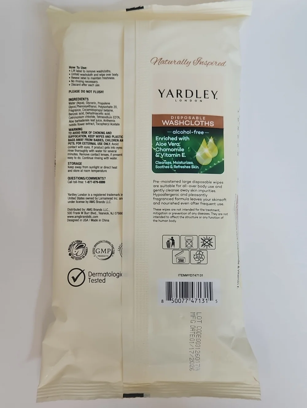 NIP YARDLEY LONDON DISPOSIBLE WASHCLOTHS-CHAMOMILE & VITAMIN E 5-PACK